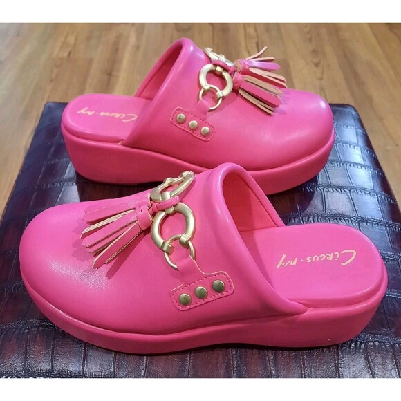 Circus NY Sam Edelman Jinger Clog Mules Flamingo Pink Gold Tassel Platform Sz 8 - Picture 6 of 12
